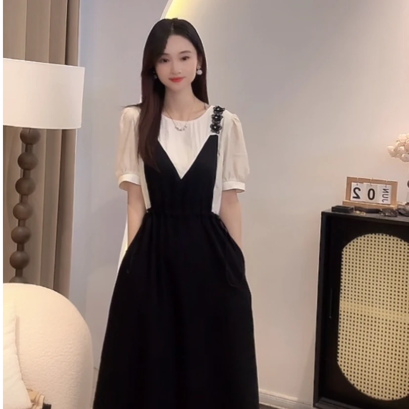 假两件抽绳设计感别致连衣裙女夏季遮肉显瘦小黑裙子D2227