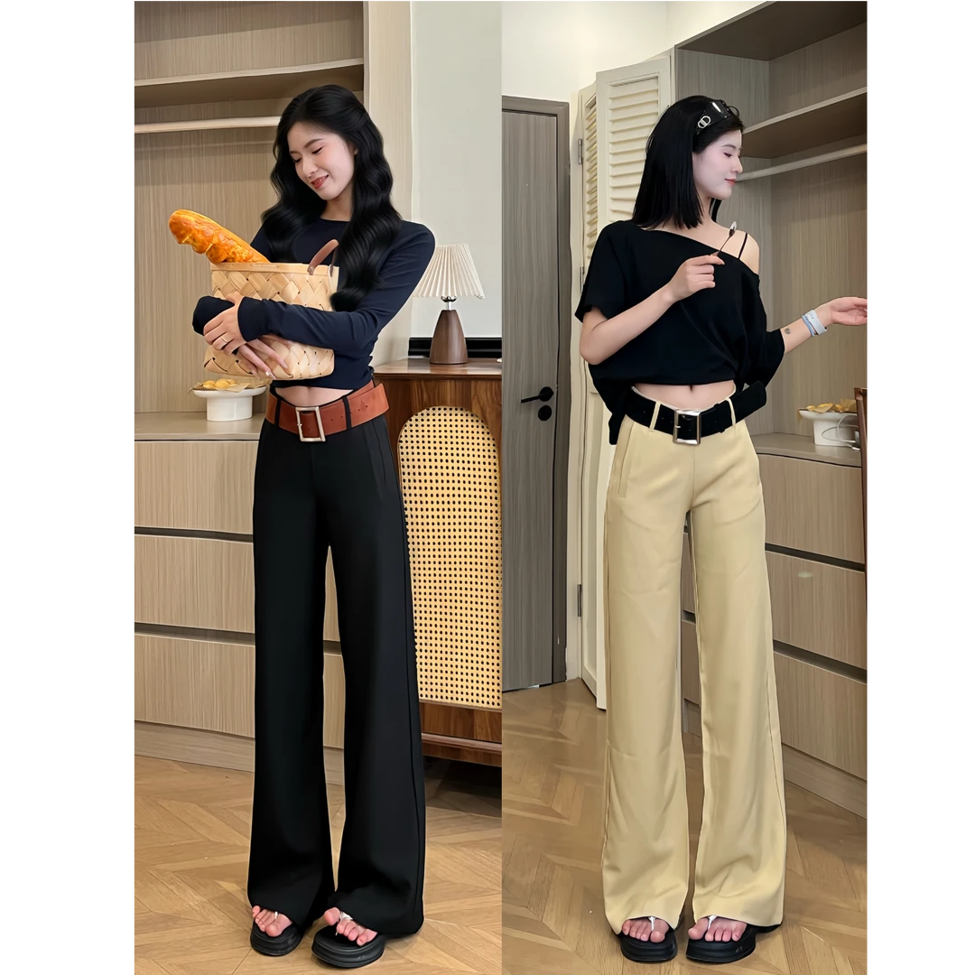 黑色中腰2025休闲裤女春夏卡其长裤宽松阔腿裤拖地喇叭裤灰