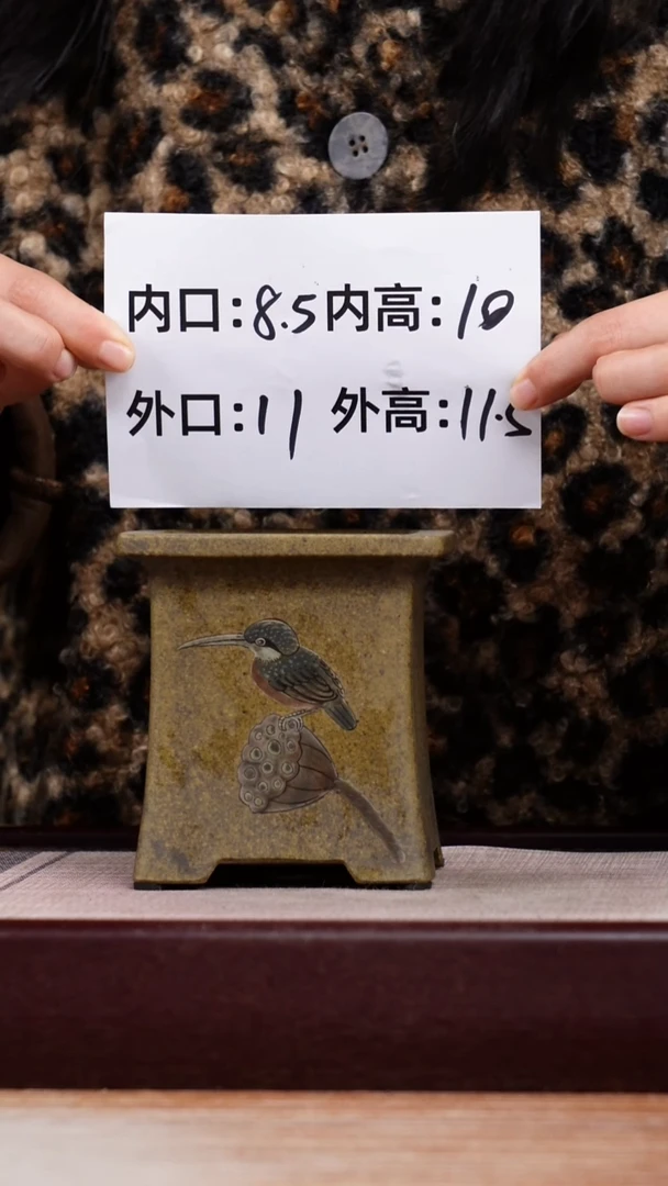 紫砂花盆龙骨青砂绘莲子小鸟迷你四方一只无托
