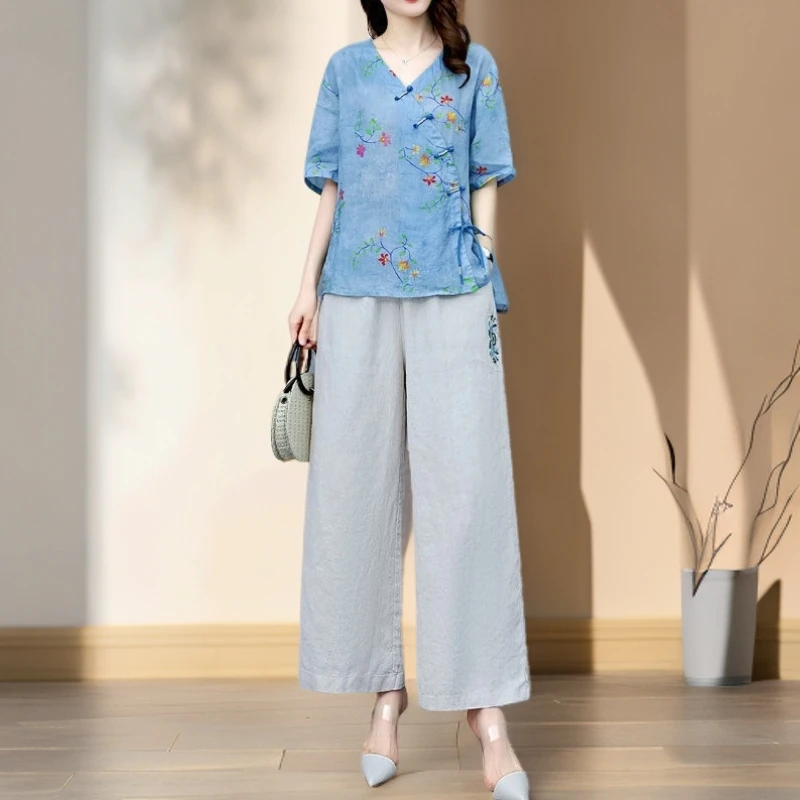 夏季2025新款时尚休闲民族风妈妈棉麻两件套盘扣苎麻阔腿裤套装女
