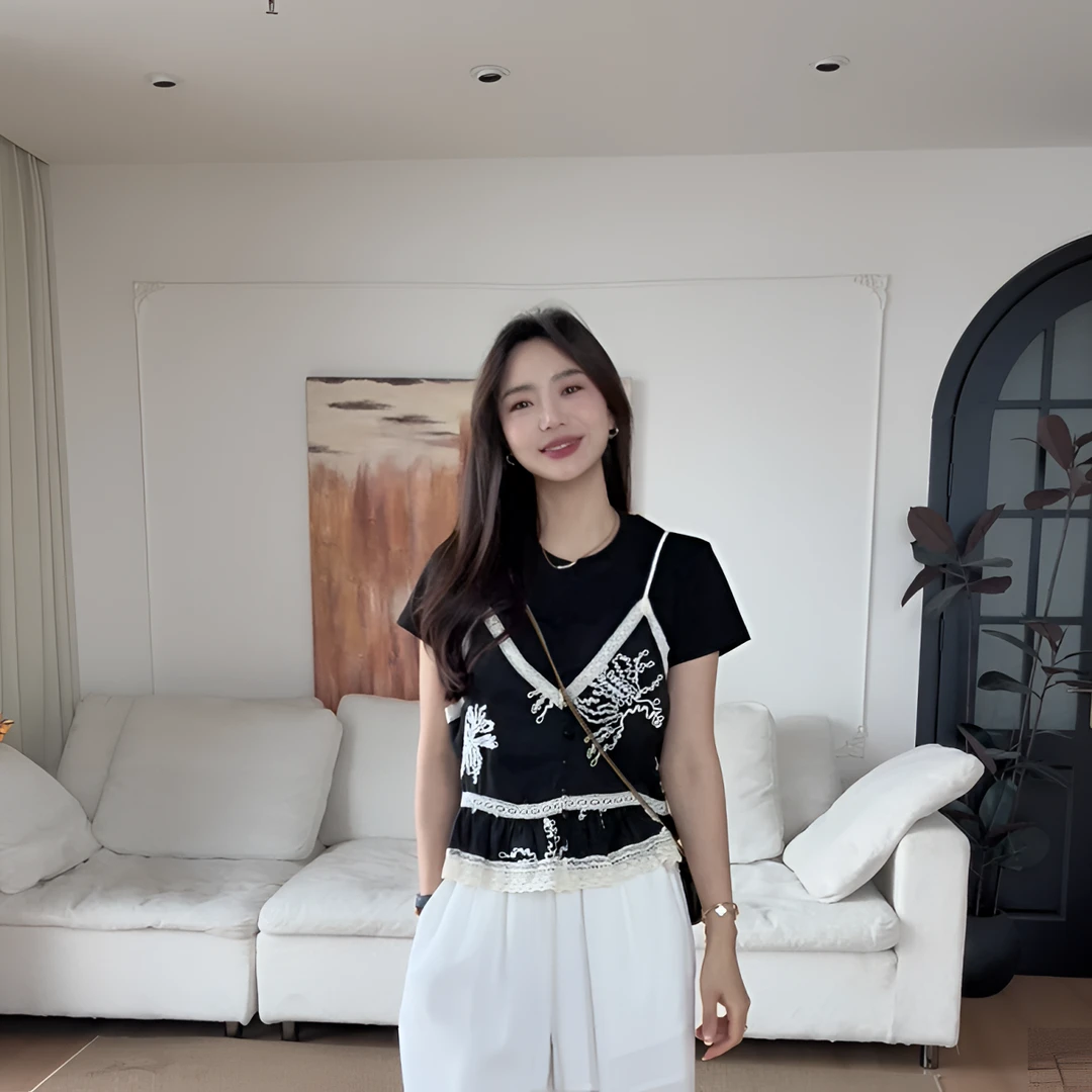 【余欢欢】夏季休闲简约时尚百搭刺绣木耳边假两件-YHW50502