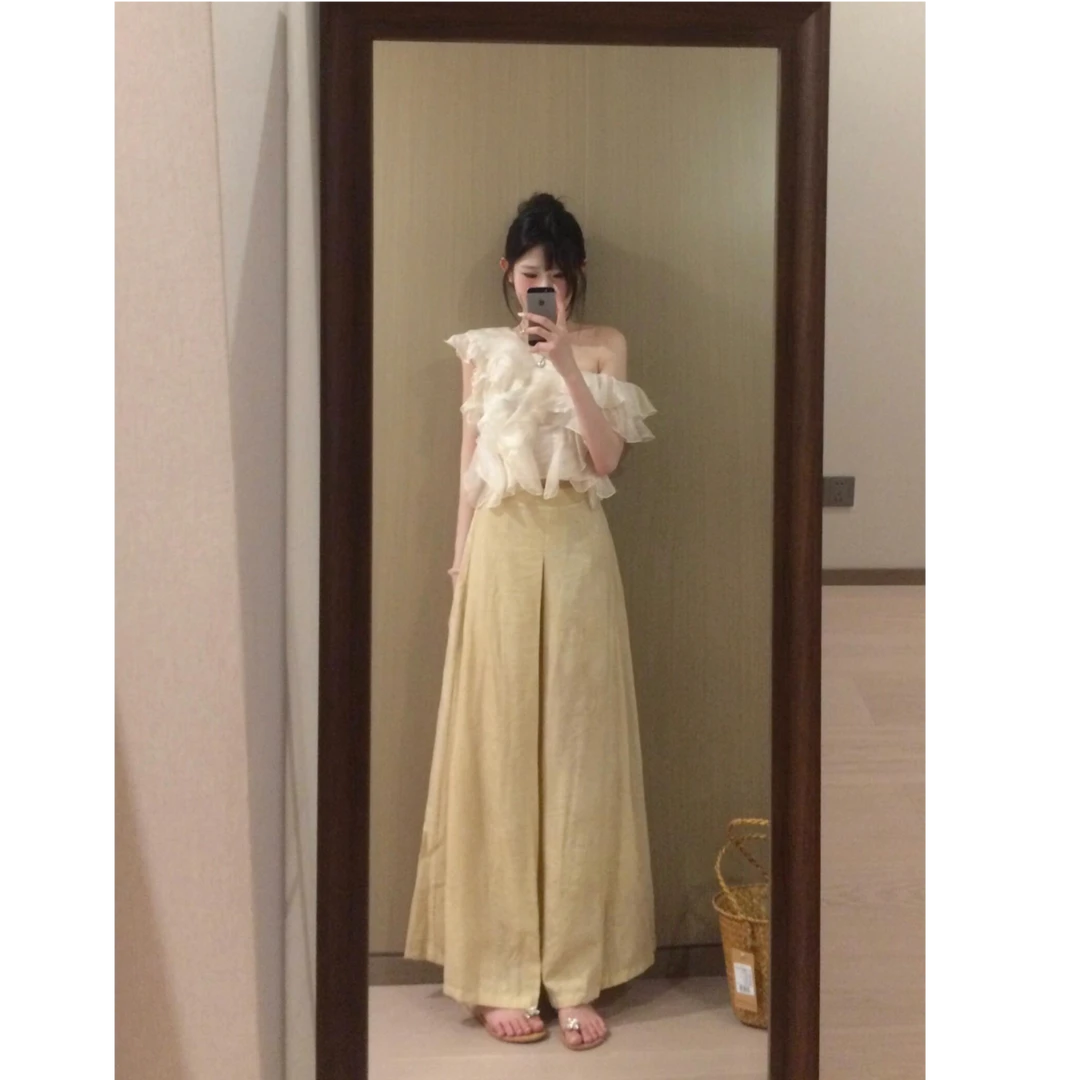 2025夏季新款时尚气质法式褶皱斜领露肩上衣搭高腰阔腿长裤套装女