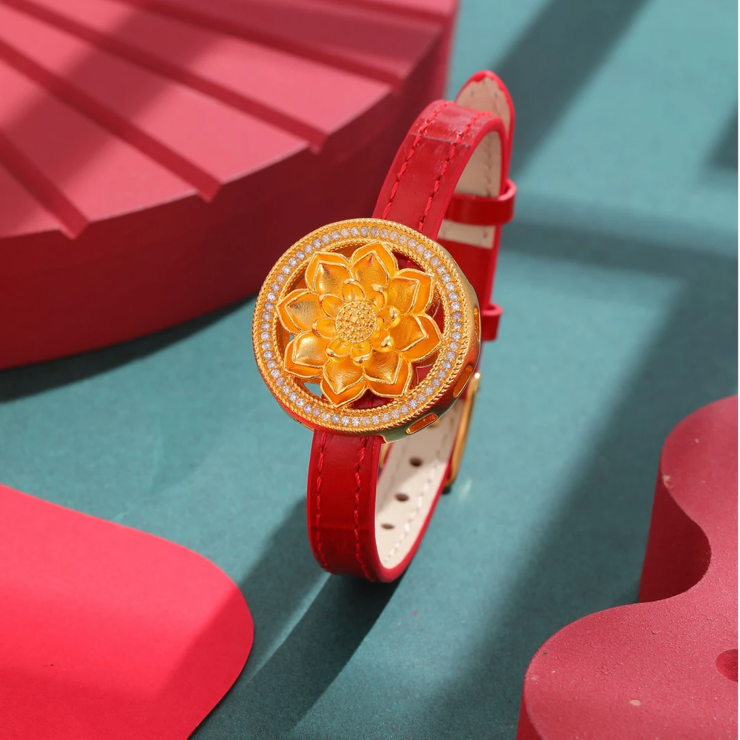 足银手镯 如意荷花手牌点钻镶荷花圆盘国潮风女手工送传承礼盒