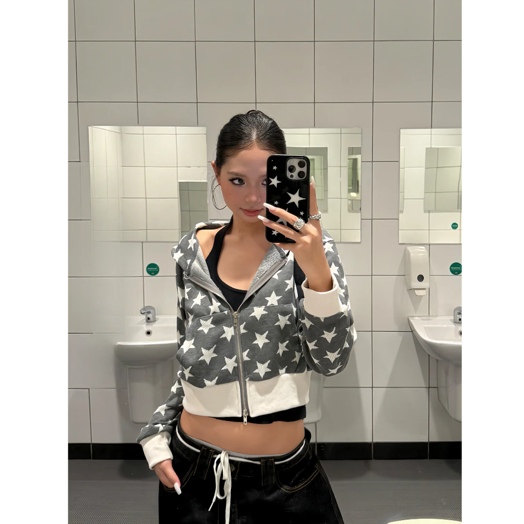 美式复古星星连帽卫衣女短款辣妹百搭短款外套秋冬休闲上衣