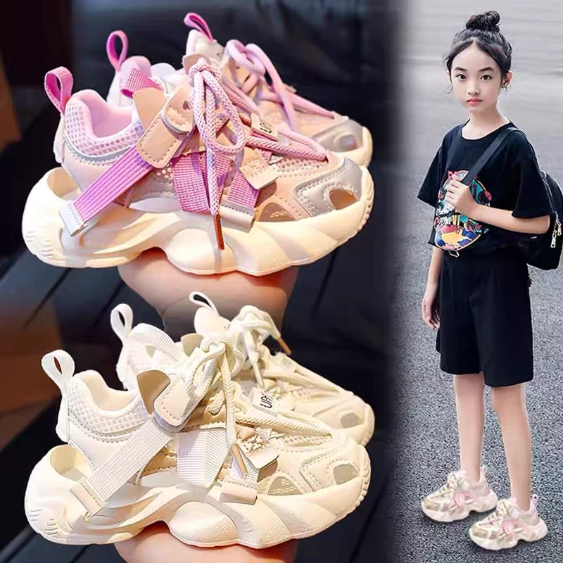 ABC女童鞋凉鞋2025新款夏季镂空儿童网鞋女孩软底单网运动小白鞋