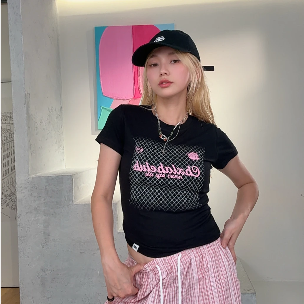 CBXLAB街舞网格撞色千禧上衣黑短袖辣妹休闲夏季时尚印花设计