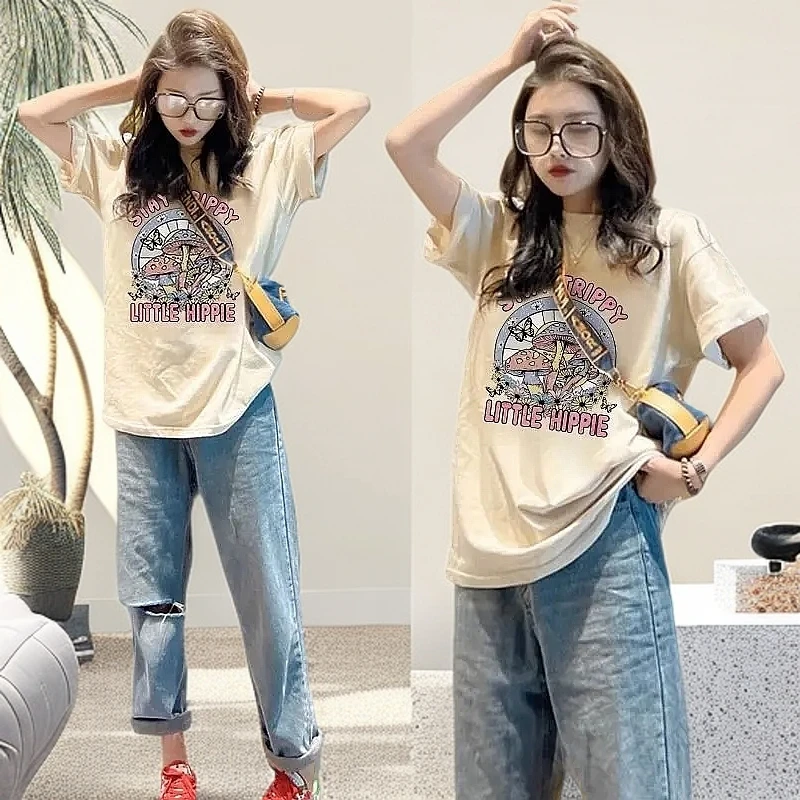 纯棉t恤杏色宽松正肩短袖女新款多巴胺穿搭设计感小众上衣夏休闲