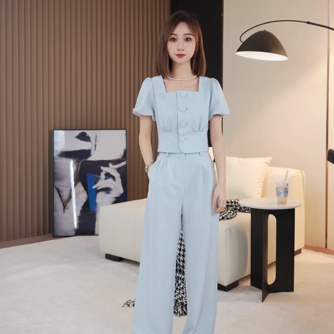 【思思小个子女装】24S069新款短袖方领短袖外套阔腿裤裤子