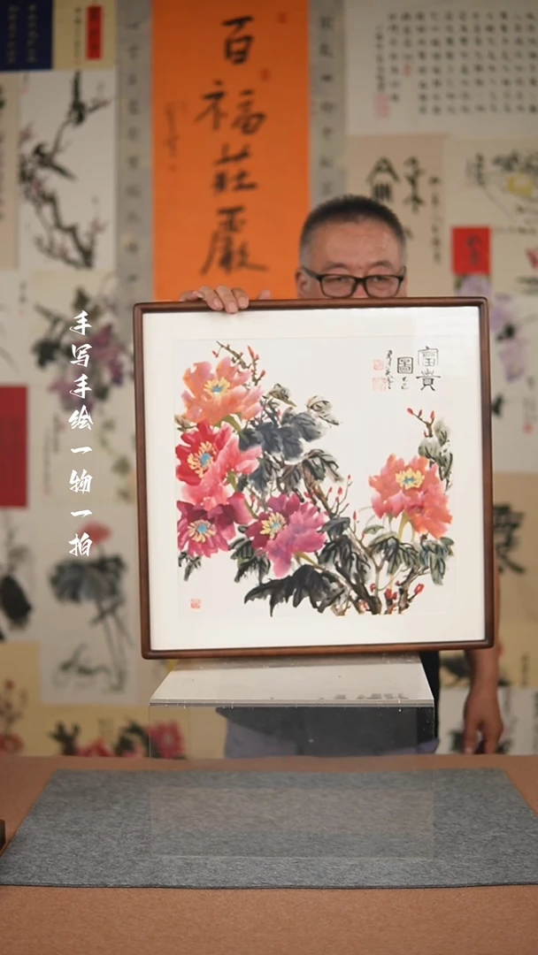 国画手绘-52*52实木框花鸟