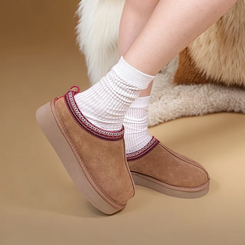 【新版民族风4CM】冬季羊皮毛一体雪地靴半拖厚底拖鞋防滑保暖休闲