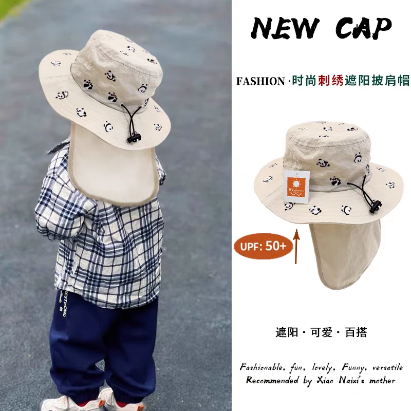儿童帽子春夏薄款渔夫帽大檐刺绣防晒帽披肩帽宝宝户外护脖遮阳帽