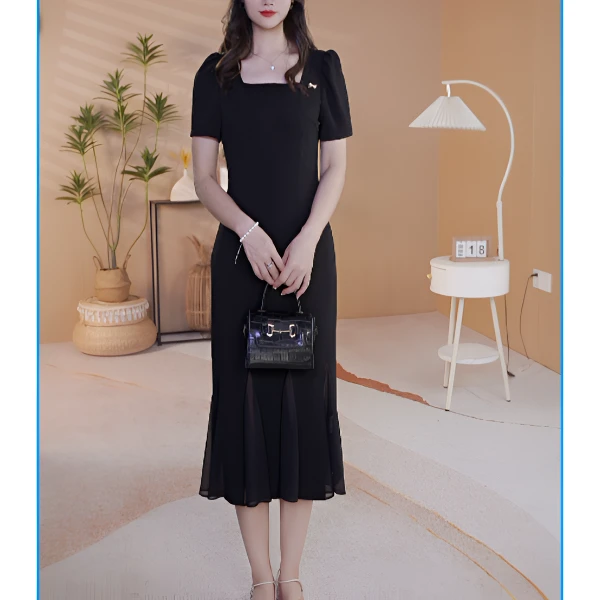 AXY1237#夏季方领法式收腰长裙显瘦黑色连衣裙