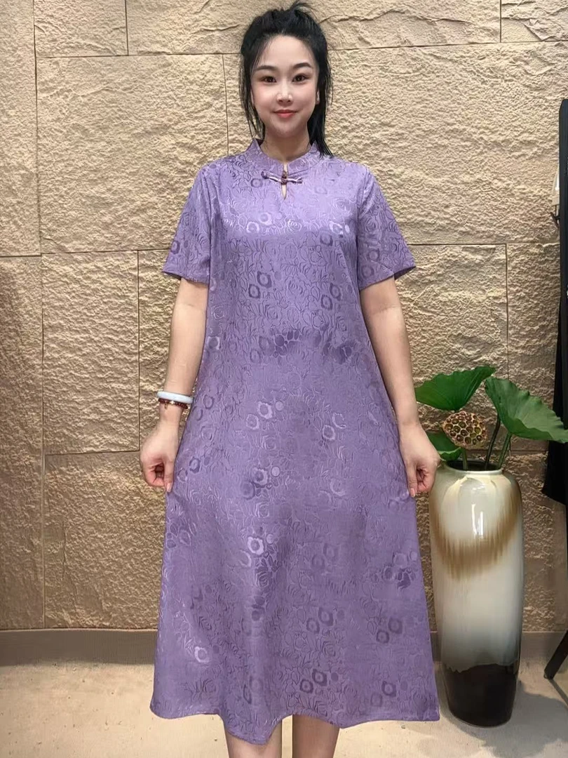 （紫立领玫瑰花）夏季立领盘口时尚新品提花亲肤透气短袖连衣裙