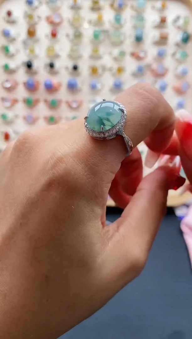 【闪购商品】翡翠戒指银S925镶嵌缅甸天然A货翡翠222 2+5