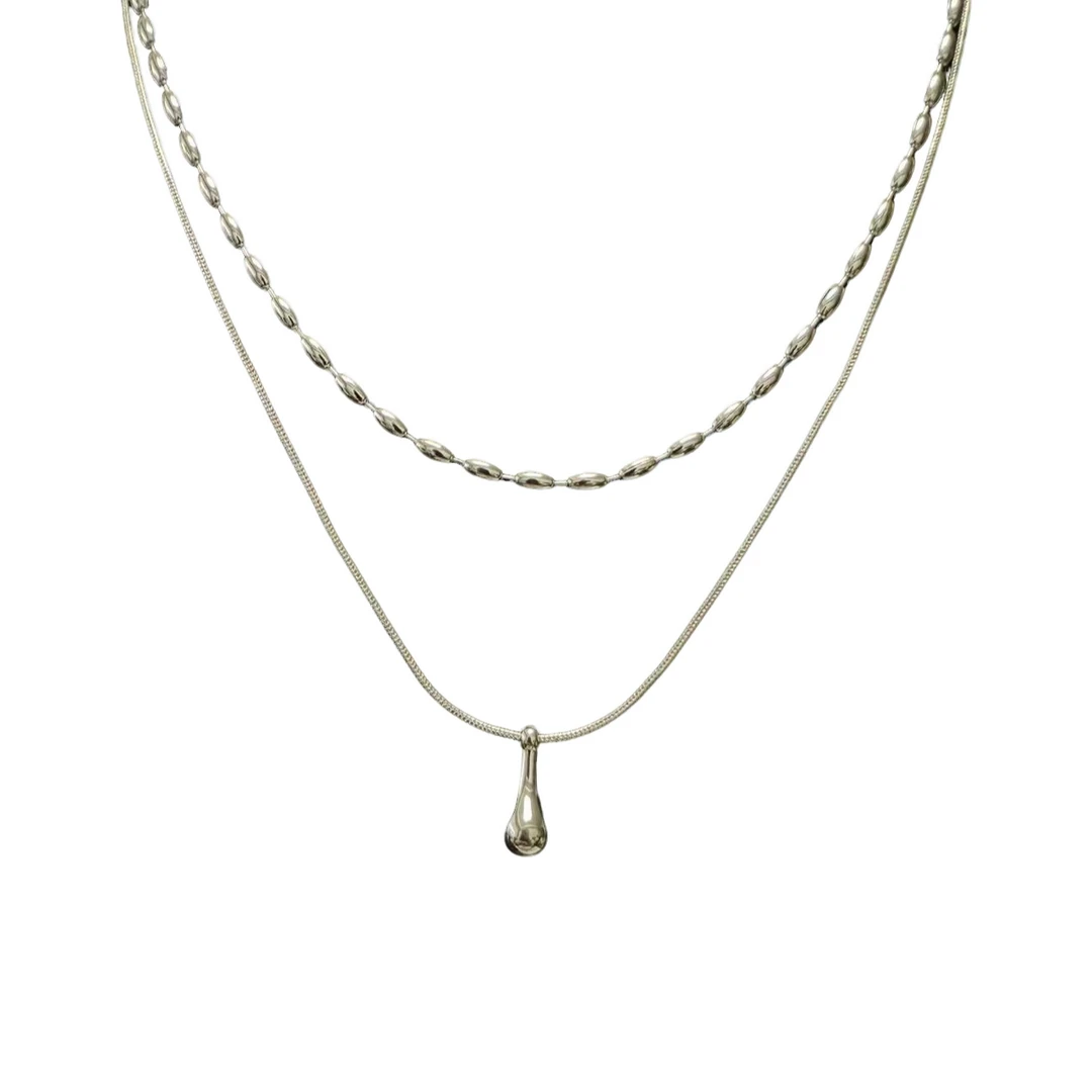 铜合金项链 冷淡风轻轻奢素链双层水滴套链#145