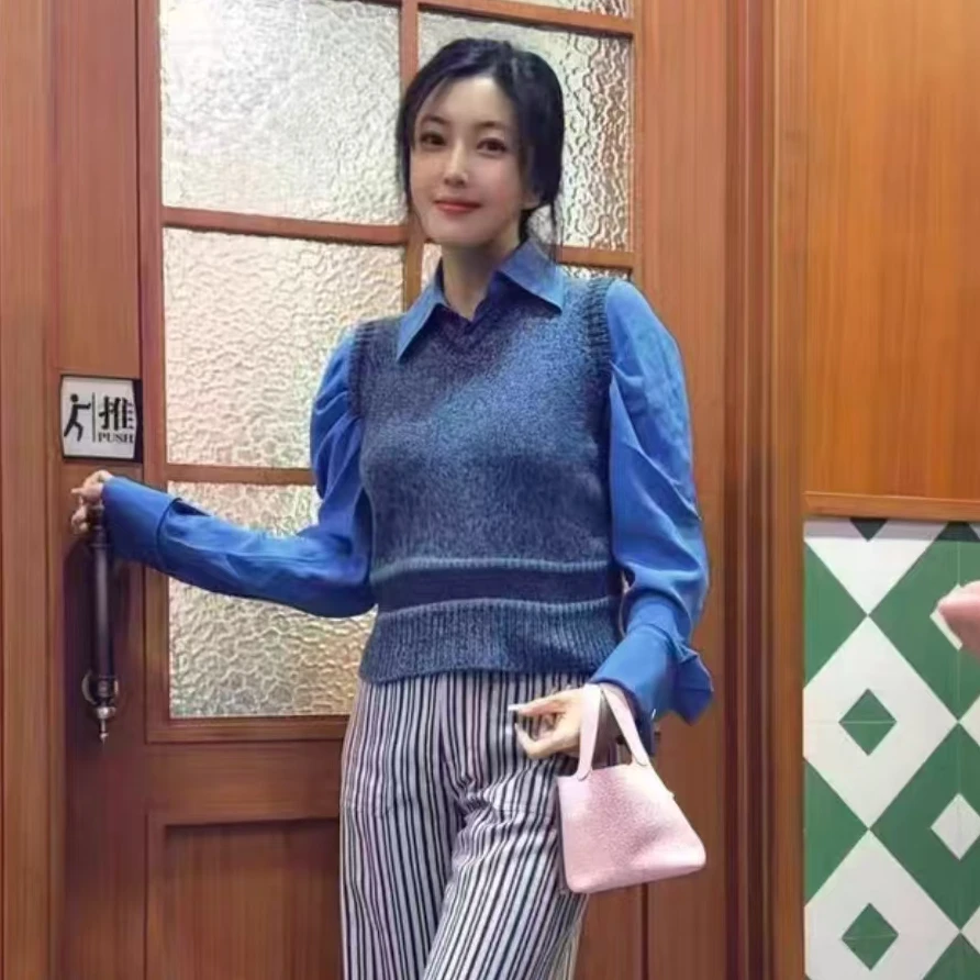 未使用 DIOR/迪奥 Dior logo标语灰色混色针织背心 蓝色S