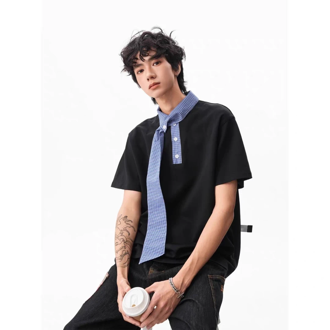 HandSeven韩系拼接领口短袖男女夏季新款设计感休闲百搭情侣T恤