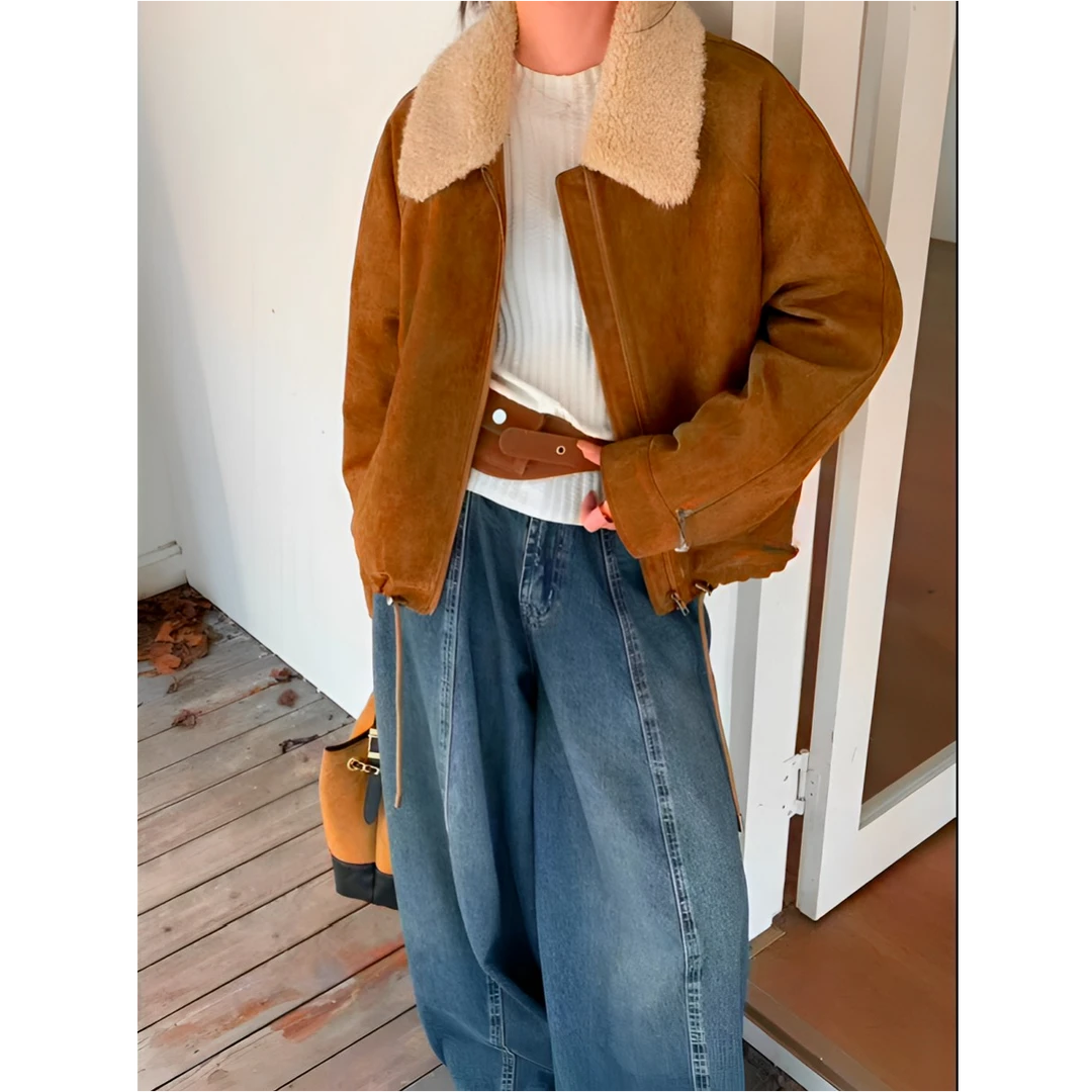 羊羔毛翻领麂皮绒皮毛一体加厚毛毛外套5864