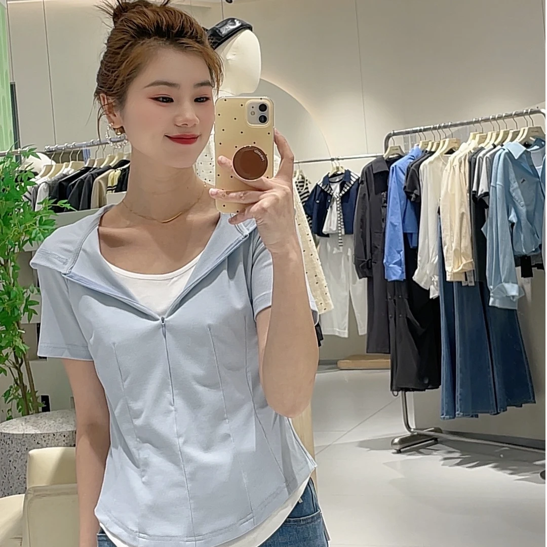 艾然 假两件百搭撞色连帽短袖卫衣女上衣5b6281