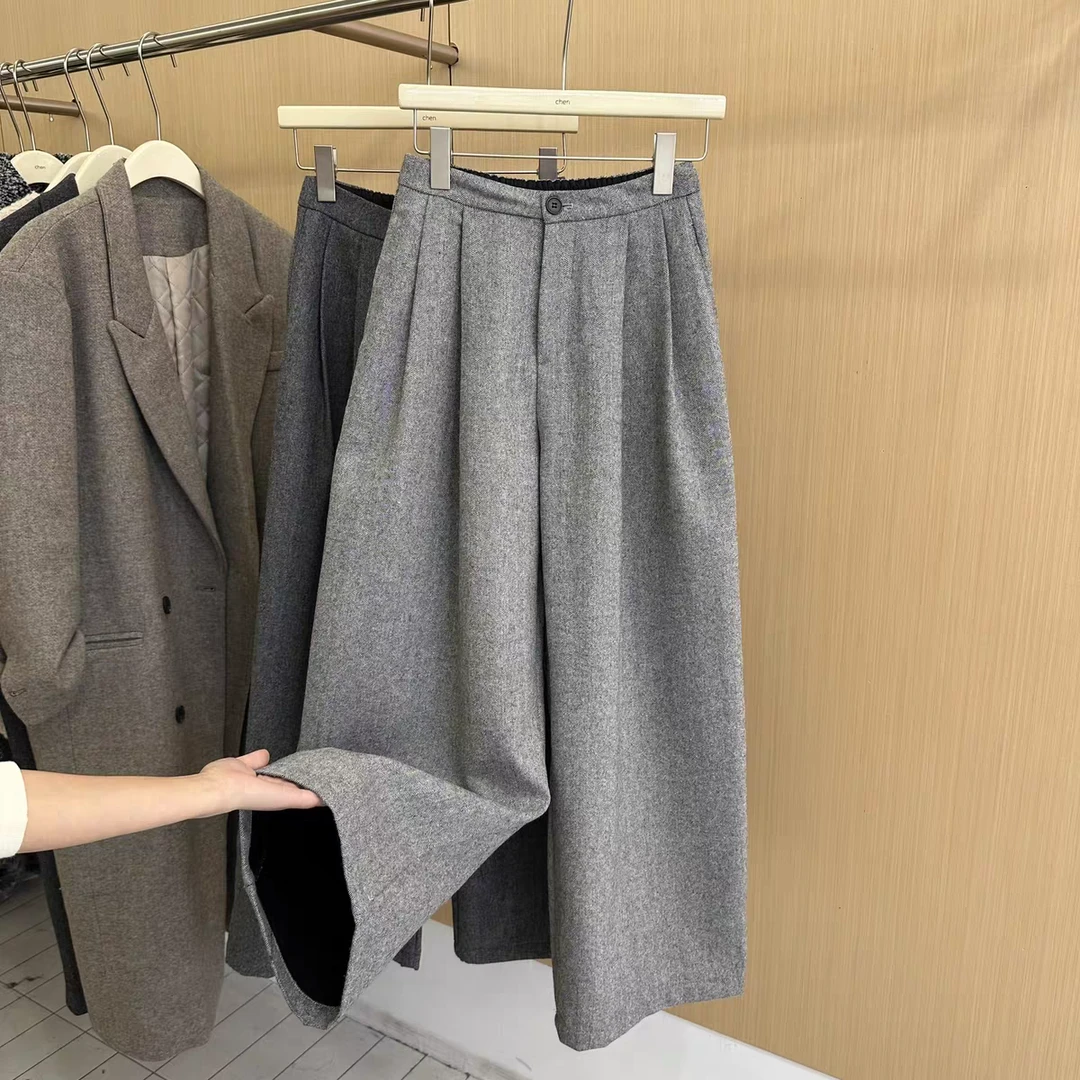 韩系半松紧腰羊毛呢阔腿裤直筒裤8915