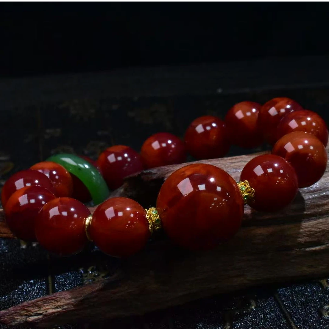 SJ【一九珠宝】南红牛血火焰手串-卡13mm18K金-多样性发一件 YJ3012