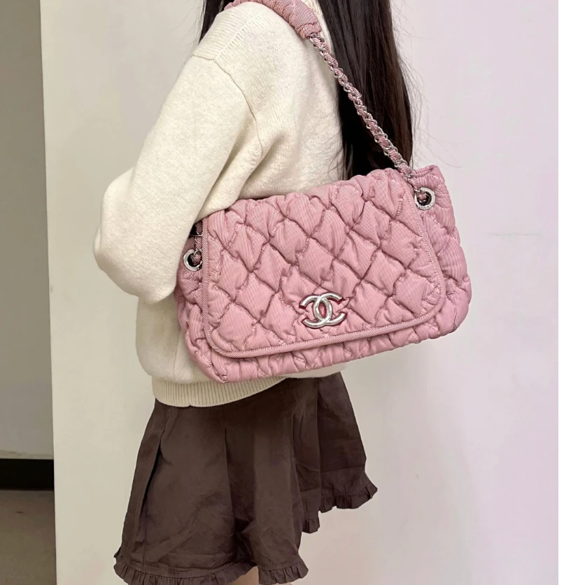 99新 Chanel/香奈儿 10年左右粉色 银扣 格子 菱格纹 链条包