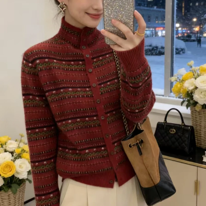 【红色费尔岛】显白气质针织开衫女2025秋冬新款提花新年氛围感上衣