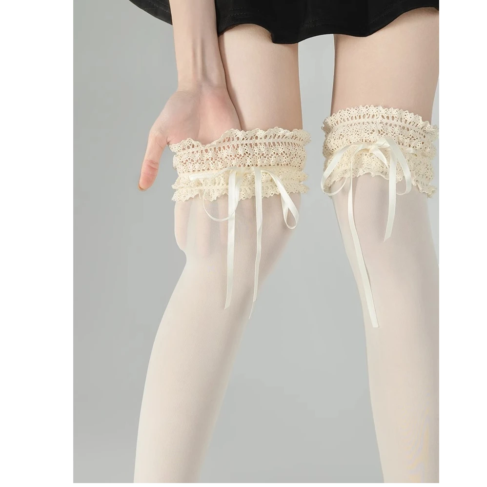 抵达一楼蕾丝花边蝴蝶结大腿袜天鹅绒甜美lolita春夏日系jk过膝袜