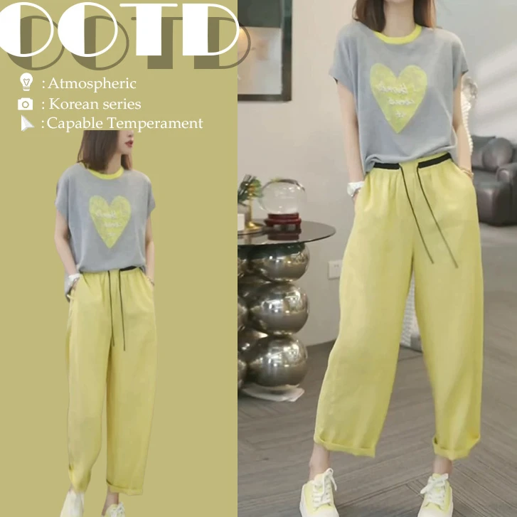 2025超火夏装搭配一整套减龄时尚穿搭套装针织上衣裤子洋气两件套