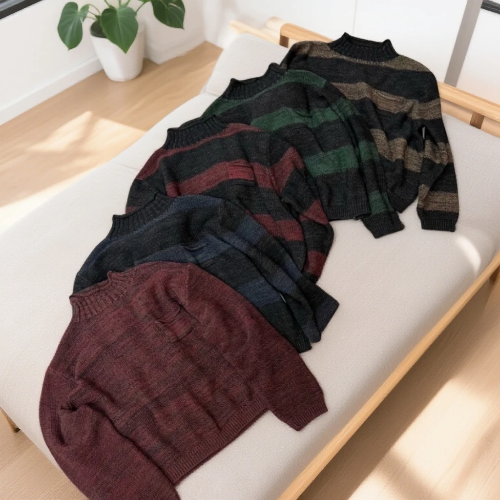 2025时尚秋冬新款半高领色织复古百搭条纹针织衫套头女长袖衫