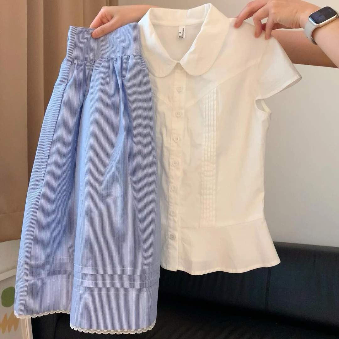 夏季新款清爽少女学院风褶皱短款衬衫高腰格纹半身裙两件套2025女