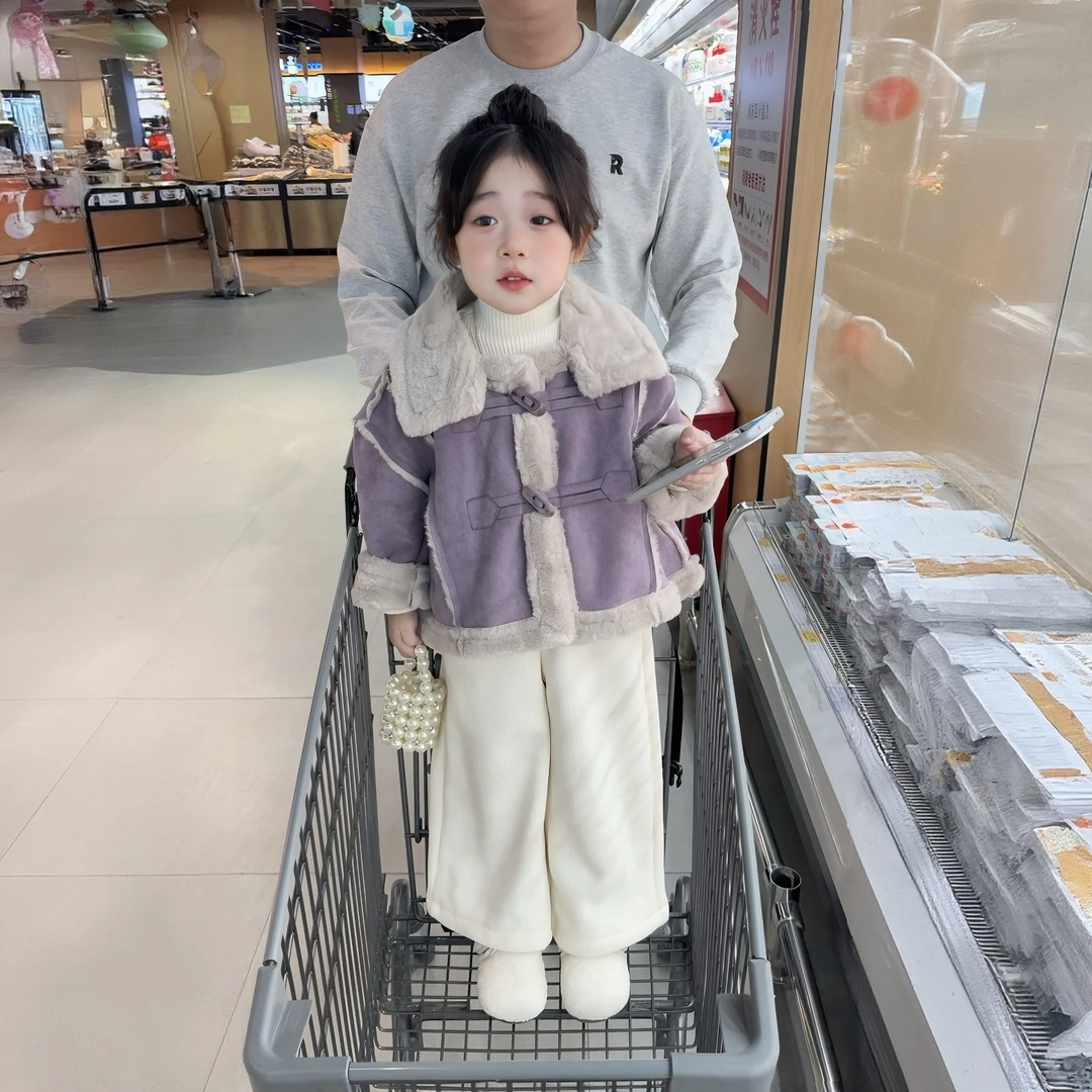 儿童套装秋冬2025新款韩版女童洋气立领加绒外套加绒阔腿裤两件套