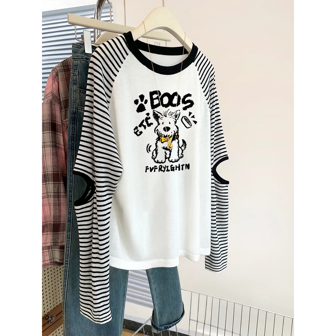 2025春季新款大码女装300斤撞色插肩条纹休闲长袖韩版宽松上衣潮