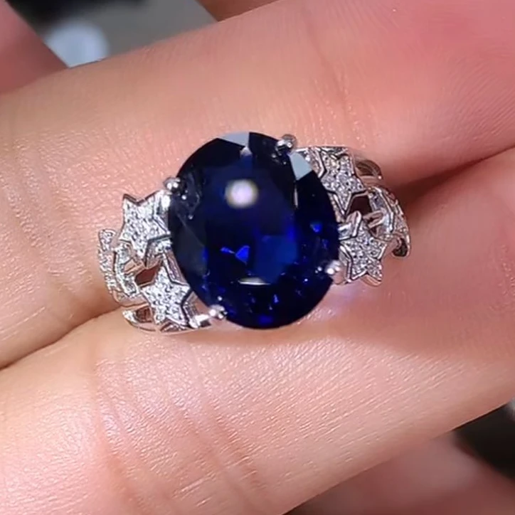 925银戒指  S925银戒指 大克拉重工 精切皇家蓝色戒指白色