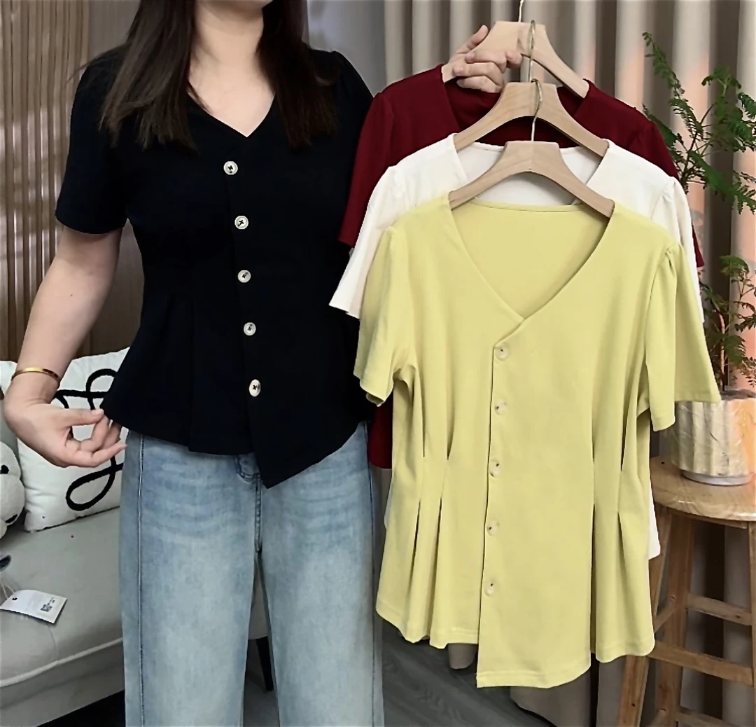 【运补6-10】2025新款收腰宽松正肩短袖上衣微胖V领夏季遮肚子T恤