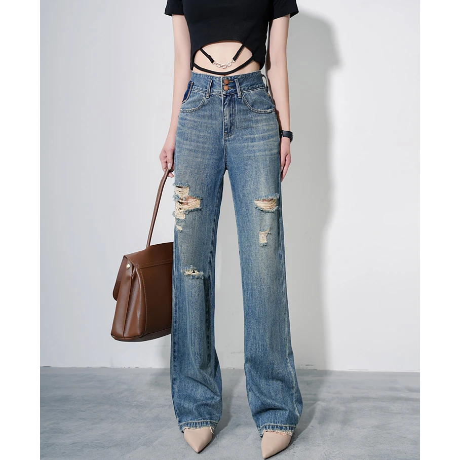 复古蓝破洞牛仔裤女直筒宽松显瘦窄版阔腿裤乞丐裤子夏天薄款新款