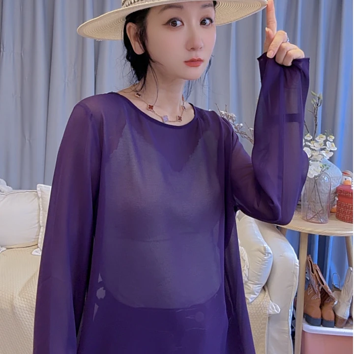 M51A013慕之淇乔其纱气质宽松轻薄不规则长袖性感上衣