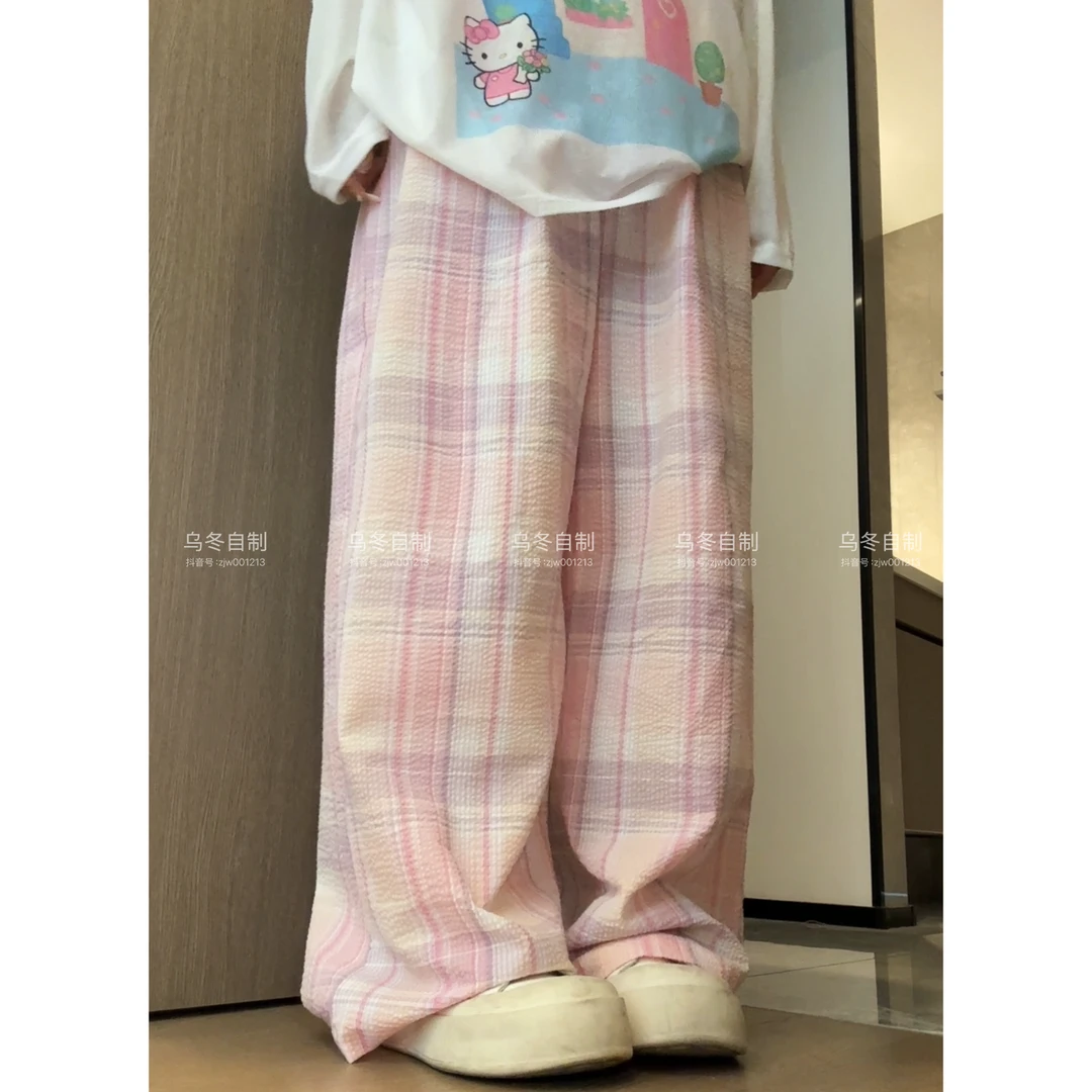 【乌冬原创】“午后青柠”休闲格子裤夏款多巴胺穿搭宽松慵懒风～