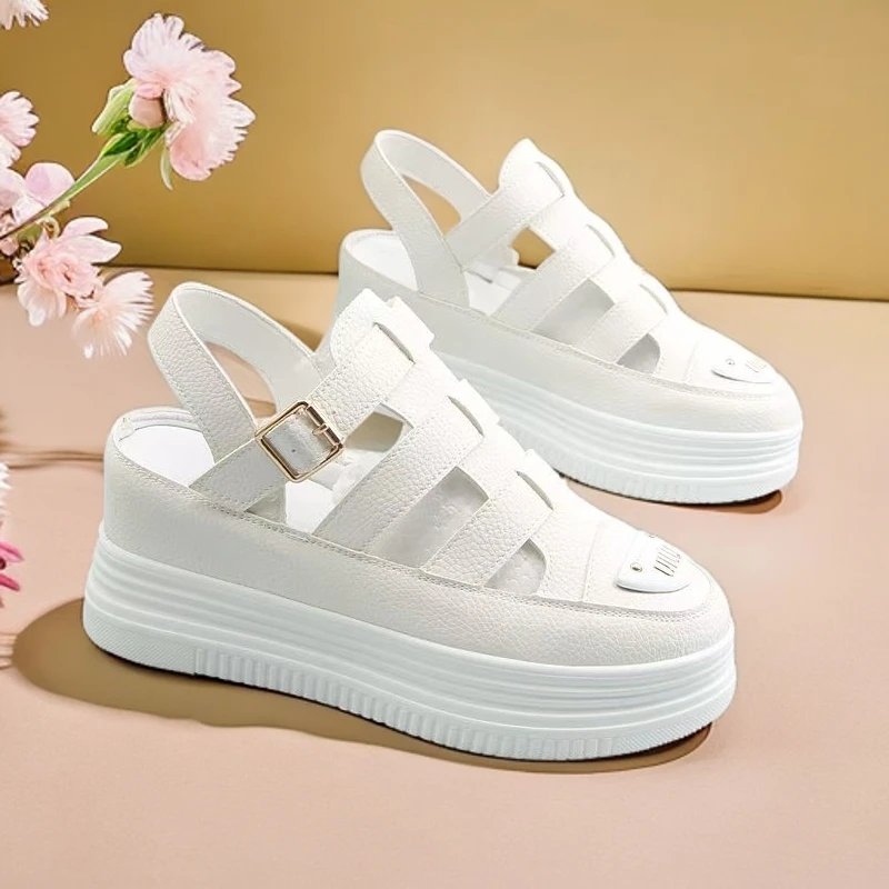 内增高7厘米包头凉鞋夏季ins厚底小个子休闲时尚女鞋镂空罗马凉鞋