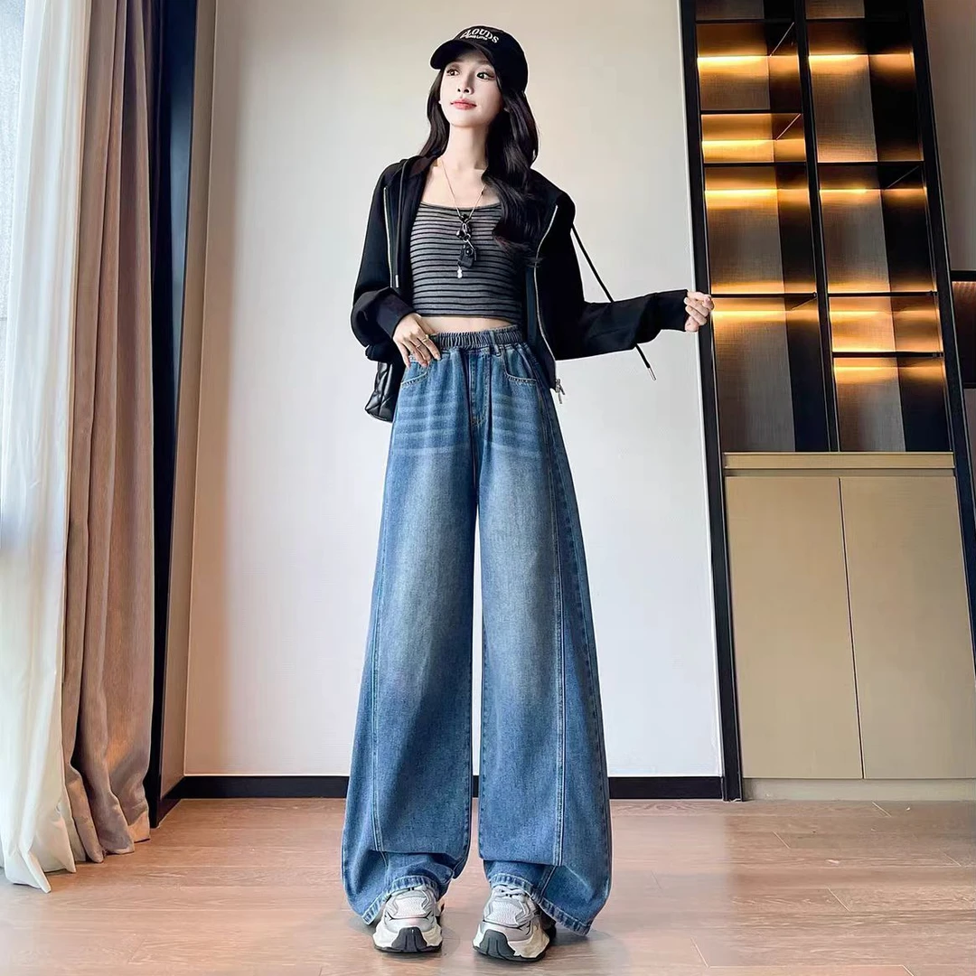 减龄高腰直筒牛仔裤女春秋季宽松显瘦阔腿裤6516(E12侧)