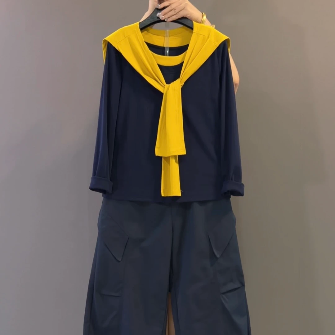 2025新款初秋新款慵懒废土风叠穿披肩上衣阔腿裤搭配三件套