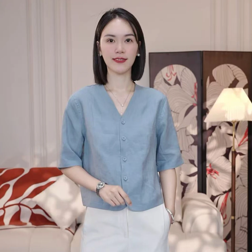 【希希推荐】FX-309新款V领中袖苎麻衬衫气质筒宽松百搭上衣设计感