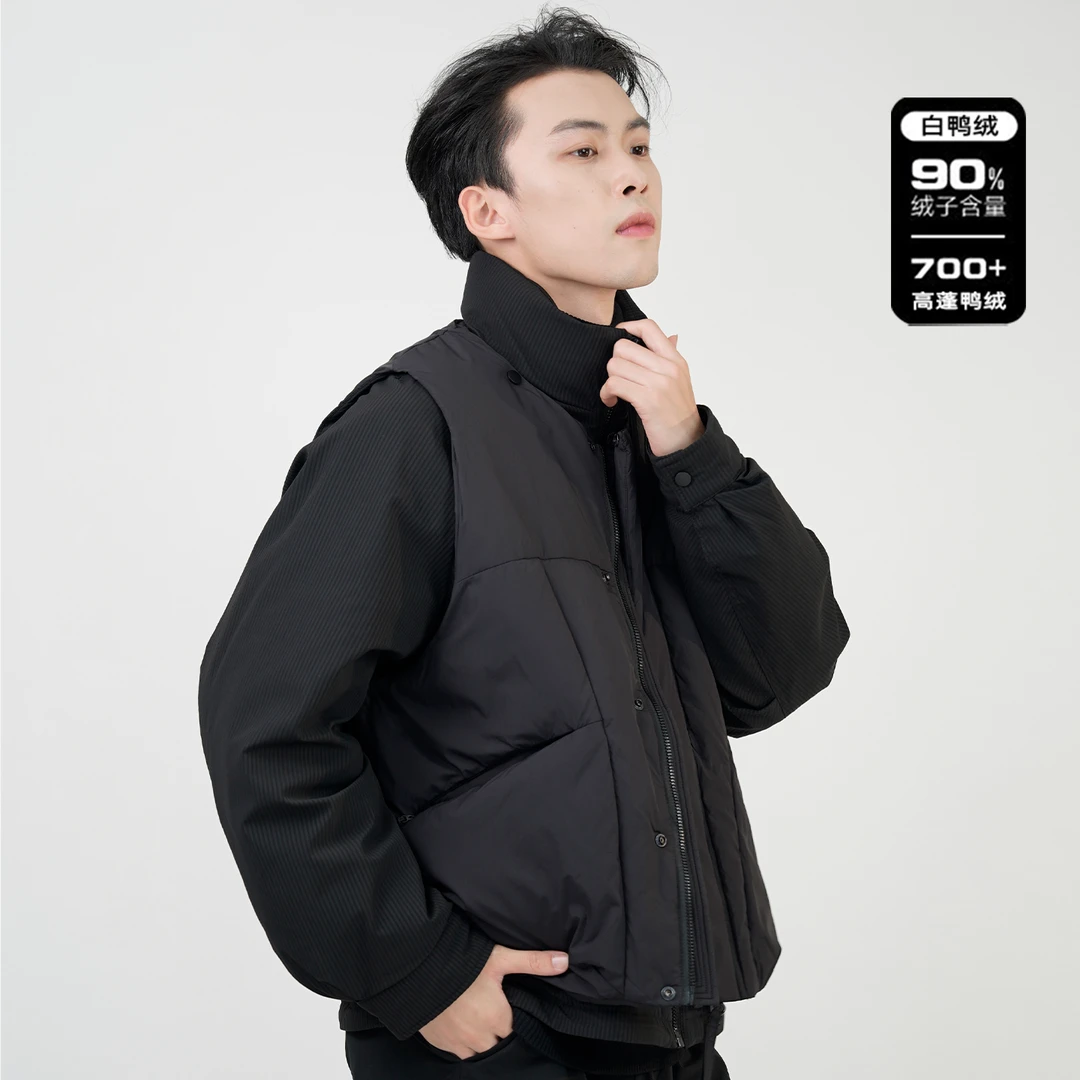 男士立领假两件羽绒服2025冬季新品通勤宽松保暖短款外套羽绒马甲