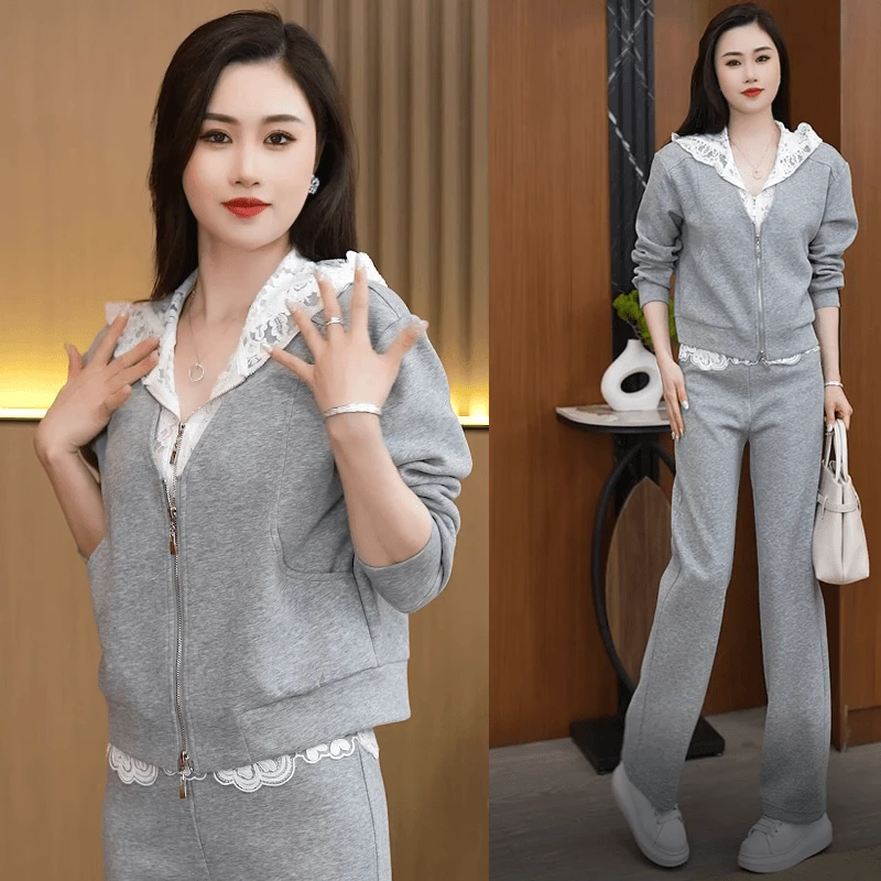 时尚休闲运动套装女2025春季新款蕾丝拼接假两件卫衣阔腿裤两件套