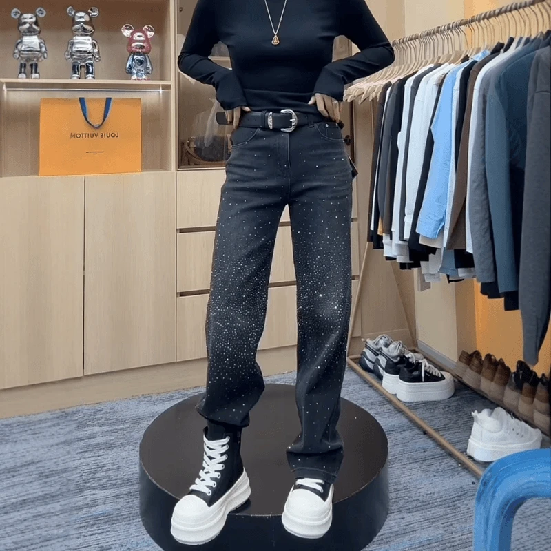 秋冬新款高腰显瘦直筒牛仔裤女大码百搭加绒加厚满天星窄版阔腿裤