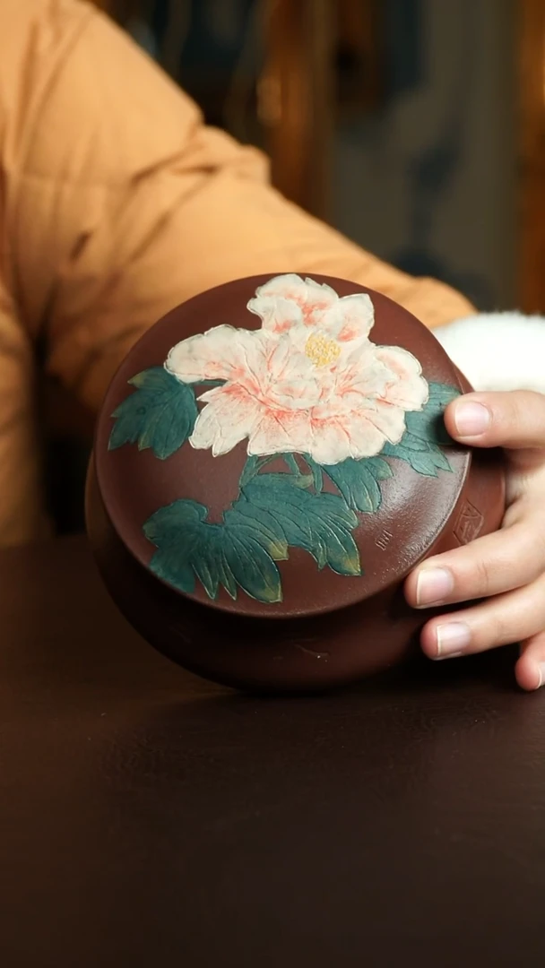 茶杯紫砂18号 牡丹花茶叶罐150克 宜兴紫砂原矿作品