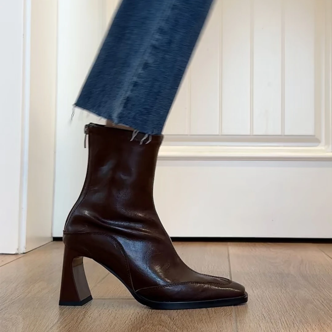 「如爱」爱意满山~6cm马鞍棕方头粗跟弹力瘦瘦靴马丁气质靴子