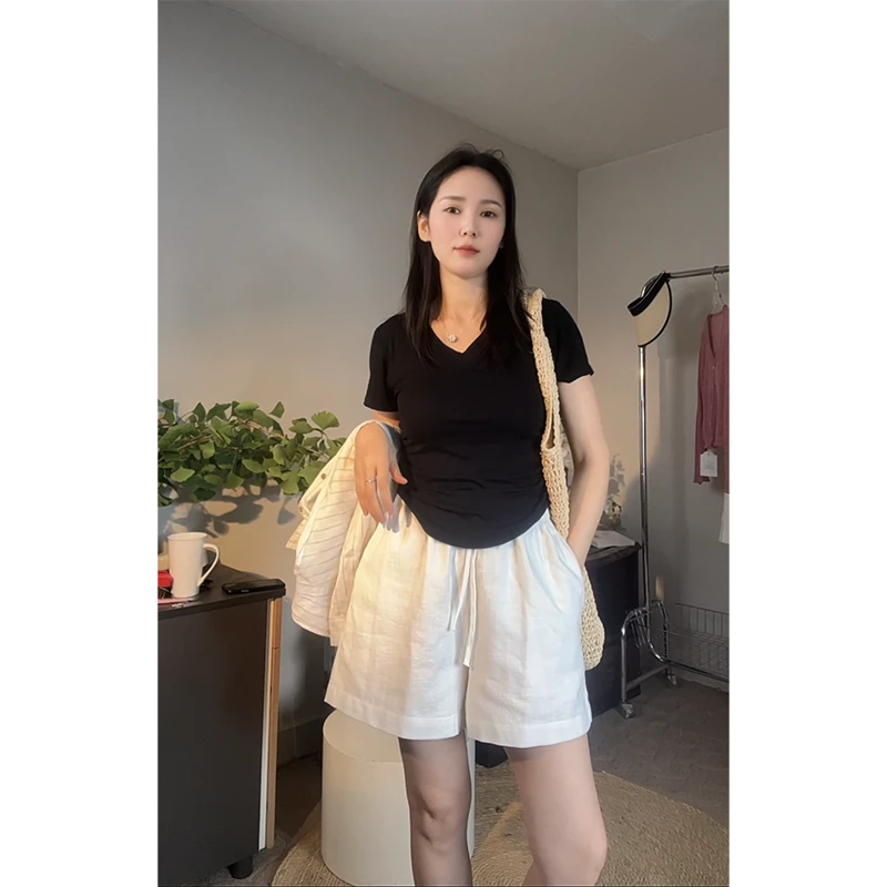 显瘦V领短袖t恤辣妹莫 代尔棉褶皱弧形设计感小众薄款女短袖上衣