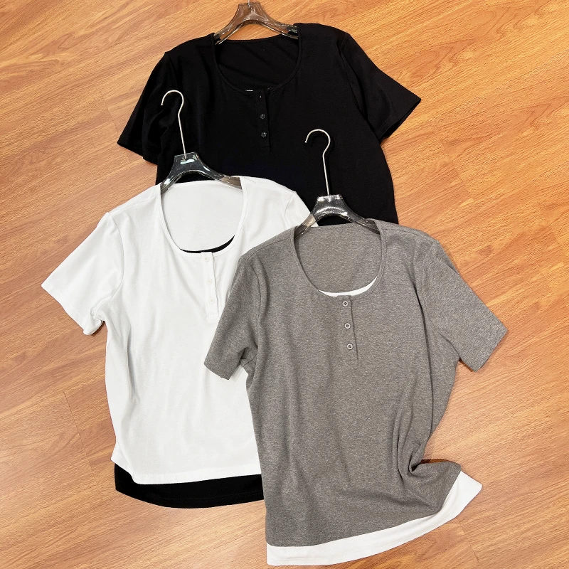 必魅法式小衫假两件上衣2025春夏新款短袖宽松T恤大码女装202532