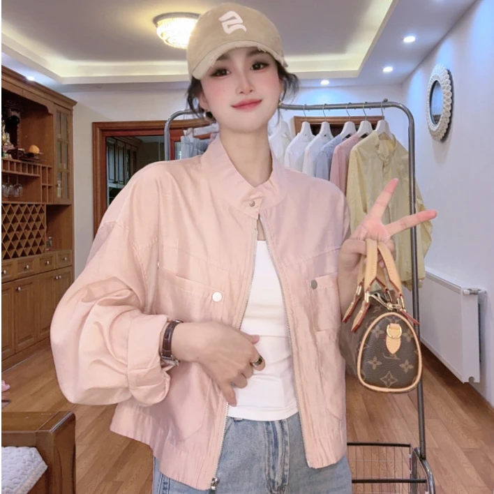 天丝大口袋简约百搭防晒外套女洋气潮立领上衣开衫